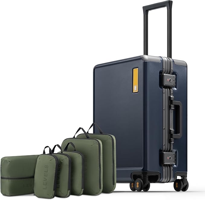 LEVEL8 Carry On Luggage Airline Approved Zipperless with Aluminum Frame, Hard Case Luggage with Spinner Wheels, Metal Travel Suitcase with Packing Organizers, 20 Inch, Blue