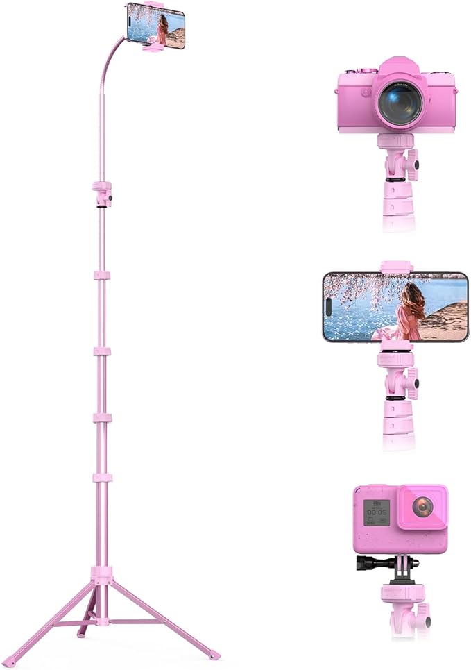 UBeesize 88’’ Flexible Phone Tripod with 14.95’’ Gooseneck, Remote and Phone Holder, Overhead Cell Phone Stand＆Selfie Stick for Video Recording, Compatible with iPhone Android Phone, Camera Pink