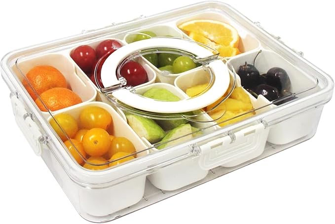 Yuroochii Snackle Box Container, Portable Snack Box 8 Compartment Divided Serving Tray with Lid & Handle, Clear Snack Charcuterie Platter for Travel Candy Party Fruit Salad (White)