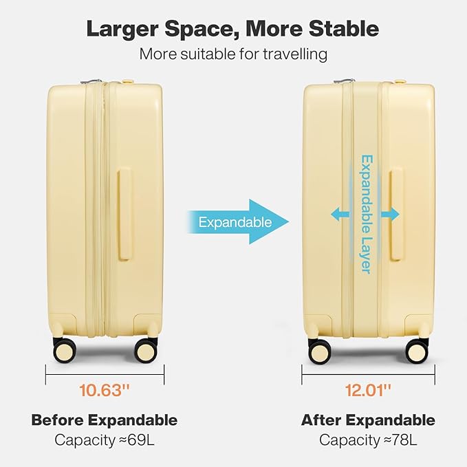 mixi 24 Inch Large Expandable Checked Luggage Suitcases with Spinner Wheels, Hardside Rolling Travel Suitcase PC with TSA Lock & Cover, Lark Yellow