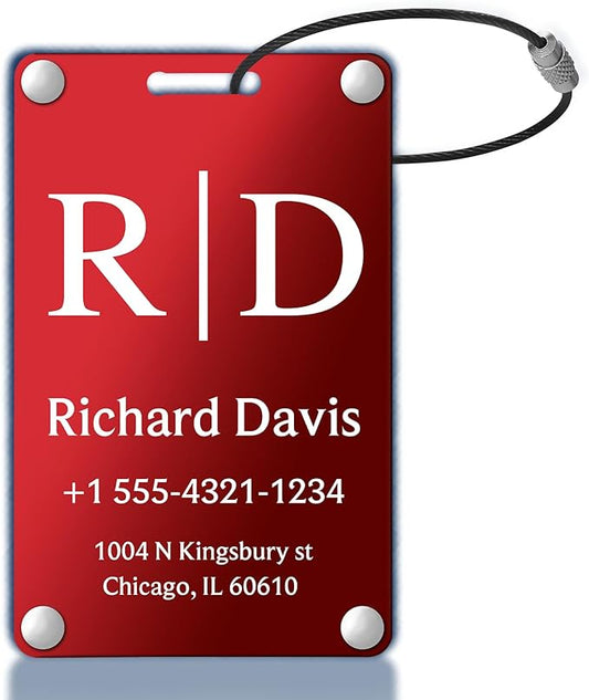 Personalized Luggage Tags for Suitcases - Monogram Style Aluminum Custom Luggage Tags for Backpacks & Bags, Sturdy, Waterproof & Heavy Duty (Red/Card-Sized)