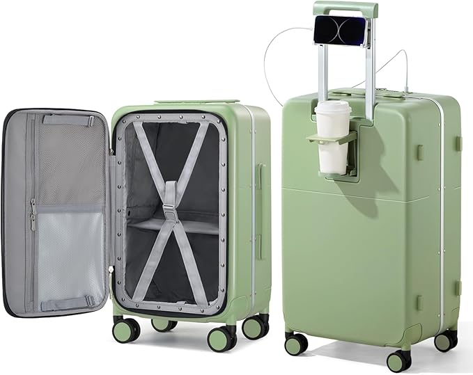 Hanke 24 Inch Luggage with Cup Holder and Charge,Top Opening Hard Shell Suitcases with Wheels and Dividers,Aluminum Frame Trunk Luggage Medium Checked Suitcase with Lock for Travel，Bamboo Green