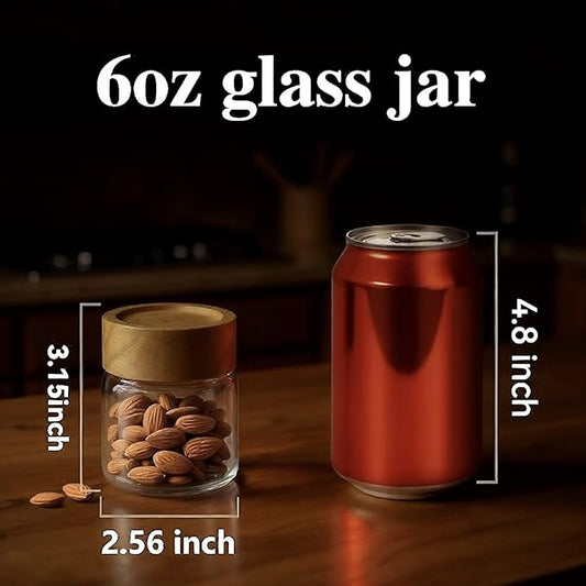Zoaiirte 6-Pack 6 oz Airtight Food Sealed Jars with Acacia Wood Lids - Glass Meal Prep Containers for Overnight Oats, Snack Storage, Chia Pudding, Pantry Organization Essentials