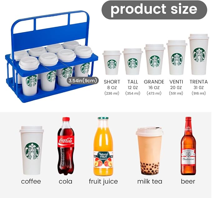 Reusable Drink Carrier with Handle for Food Delivery Drivers, Portable 8 Cup/Coffee Holder Accessories for Delivery, Foldable Drinks Caddy with Tray, Car Durable Plastic Festive Bottle, Vacation
