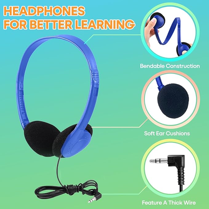 Bulk Headphones 25 Pack for Kids School Classroom, Wholeslae Wired Adjustable On Ear Earphones Class Set for Students Children Toddler Teens Boys Girls and Adult Computer 3.5mm Jack (HY857,25 Mixed)