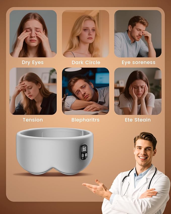 Heated Eye Mask - Cordless Eye Mask for Dry Eyes, Eye Relief, Improved Sleep, Timed Shutdown, 4 Temperature, Washable Eye Heating Pad for Travel, Removable for Cleaning - Grey