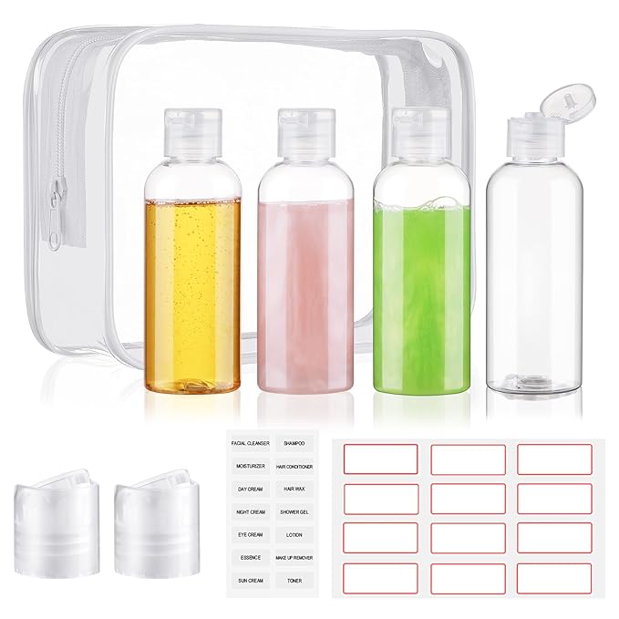 Travel Bottles for Toiletries 3.4oz 4 Pack TSA Approved Leak-Proof Travel Size Containers Squeezable Empty Plastic Toiletry Bottles for Shampoo, Conditioner, Body Wash (Clear)