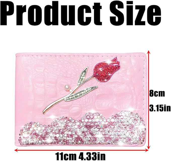 Bling Sparkle Rhinestone Flower Leather Credit Card Holder,10 Slots BlankDriver's License Holder for Women and Men, Multi-Functional Card Organizer for Documents, ID Cards, License (Pink)