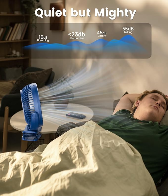 8-inch Clip-on Fan - 12000mAh Portable Rechargeable Battery, 3 Speeds, Strong Airflow, USB, Small Desk, Personal Quiet for Office, Stroller, Bedroom and Camping