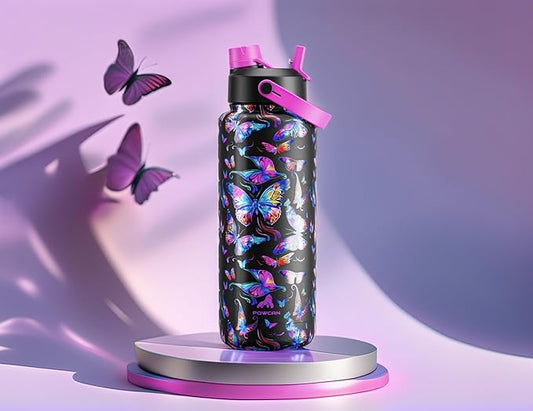 POWCAN 40 oz Insulated Water Bottle with 2-in-1 Straw and Spout Lid, Keep Cold 24H, Leak-Proof, BPA-Free, Double Wall Stainless Steel Water Bottle for Sports, Gym, Travel, and School (Butterfly Waltz)