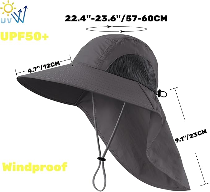 LLmoway Wide Brim Sun Hat with Neck Flap for Men Women Summer Outdoor UV Protection Breathable Fishing Hats with Strap