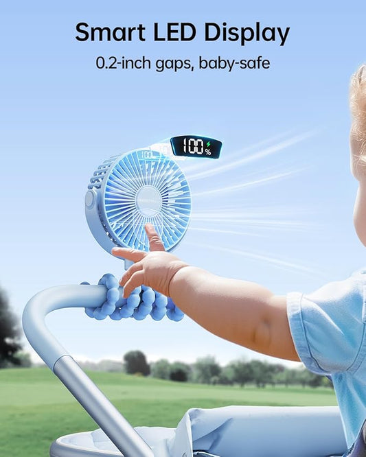 SWEETFULL Portable Stroller Fan with Display 4000mAh Battery Powered Mini Clip On Fan, 4-Speed Rechargeable Small Personal Cooling for Baby Car Seat Crib Travel - Blue