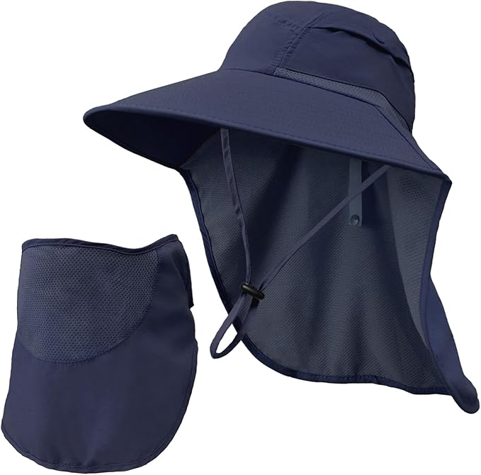 Sun Hats for Men Women Detachable Face Cover Wide Brim Fishing Hats with Neck Flap UPF 50+ Outdoor Safari Hats