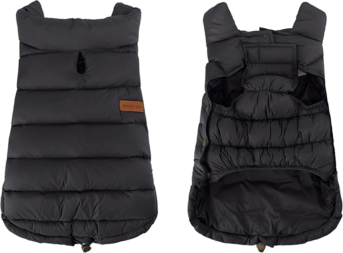SPACE LION Dog Puffer Jacket, Down Winter Coat, Durable Outdoor Coat for Cold and Windy Conditions, Lightweight & Adjustable Fit Coats for Small Dogs, (Black, Size8/XS)