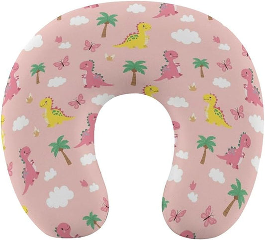 Cute Travel Neck Pillow Pink Cute Dinosaurs Memory Foam U Shaped Cushion, Washable Cover for Boys Girls Airplane Car School Nap