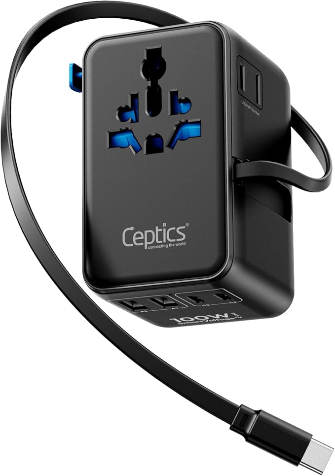 Ceptics GAN 100W Universal Travel Adapter with Retractable USB-C Cable, 2X USB-A & C, Universal Input and 1x USA/JP Input, 7 in 1 Universal Adapter for Worldwide Travel - Type A, C, G, I Output