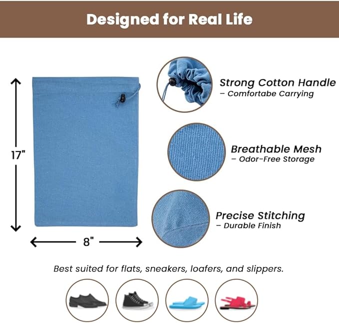 LFH Cotton Rich Shoe Storage Bags with Drawstring, Dustproof Breathable Reusable Organizer, Perfect For Travel, Dorm, Hotel, College, Gym, Easy to Carry, Machine Washable 8"x17" (Pack of 4) - Sky Blue