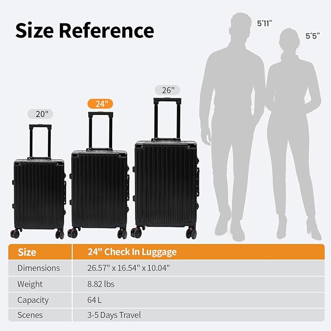24 Inch Luggage With Spinner Wheels, Aluminum Frame Zipperless Suitcase, PC Lightweight Hard Shell with TSA Lock, Checked Medium Suitcase 24-Inch (Black)