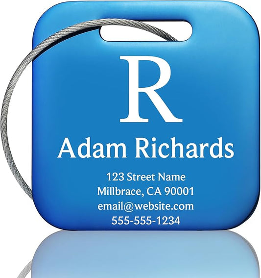 Customized Stainless Steel Luggage Tags: Personalize Your Suitcases, Backpacks, and Bags with Your Text (Blue)