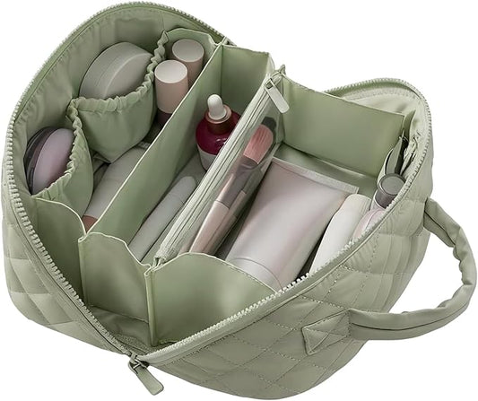 Amposei Makeup Bag Travel Toiletry Bag,Travel Makeup Bag for Women, Puffer Waterproof Cosmetic Organizer, Large Capacity Pouch Open Flat Small Toiletry Bag with Brush Compartment & Handle (Green)