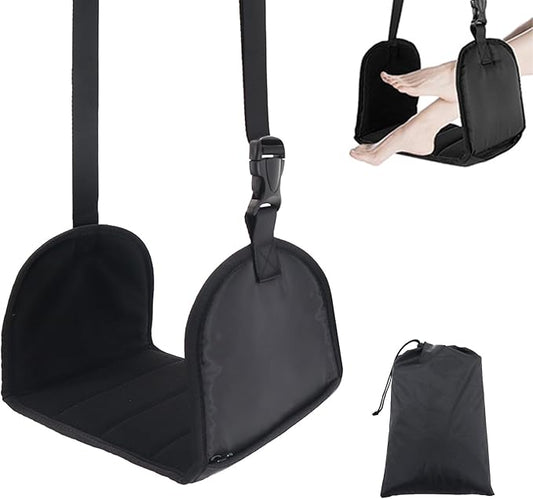 No Collapse Airplane Footrest with Extended Adjustment Strap- Airplane Foot Hammock with Memory Foam, Portable Adjustable Plane Leg Rest, Footrest Provides Relaxation and Comfort (Black)