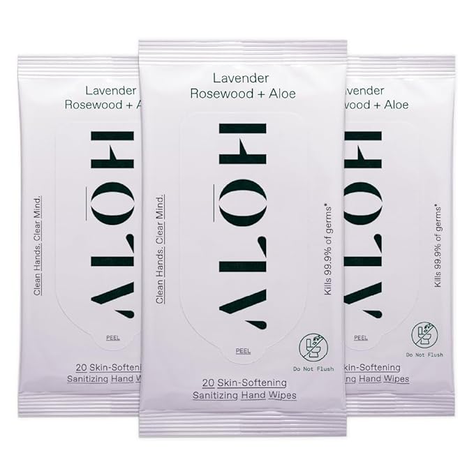 ALH Lavender Rosewood + Aloe Sanitizing Hand Wipes - Clean Hands, Clear Minds - On The Go Sanitizing Wipes for Kids and Adults - Travel Size 3 Pack, 20ct