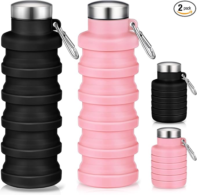 Baderke 2 Pcs Collapsible Water Bottles 17oz Silicone Travel Foldable Portable Water Bottle with Buckle Silicone Lightweight Reusable Leakproof for Camping Hiking Cycling Sport(Pink, Black)