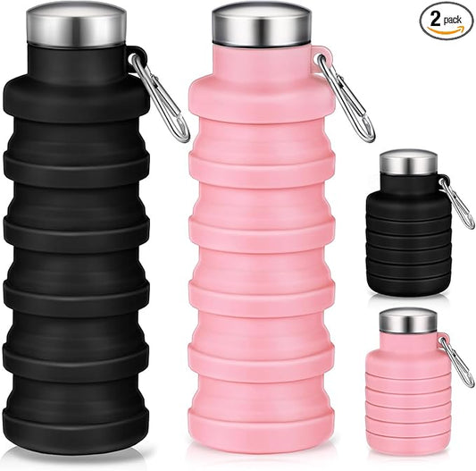 Baderke 2 Pcs Collapsible Water Bottles 17oz Silicone Travel Foldable Portable Water Bottle with Buckle Silicone Lightweight Reusable Leakproof for Camping Hiking Cycling Sport(Pink, Black)