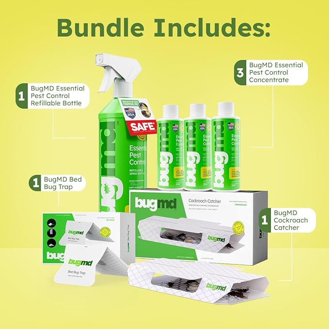 BugMD Essential Pest Control Concentrate (3 Pack) with Spray Bottle 32 oz, Cockroach Catcher (1 Pack) and Bed Bug Trap (1 Pack) Bundle