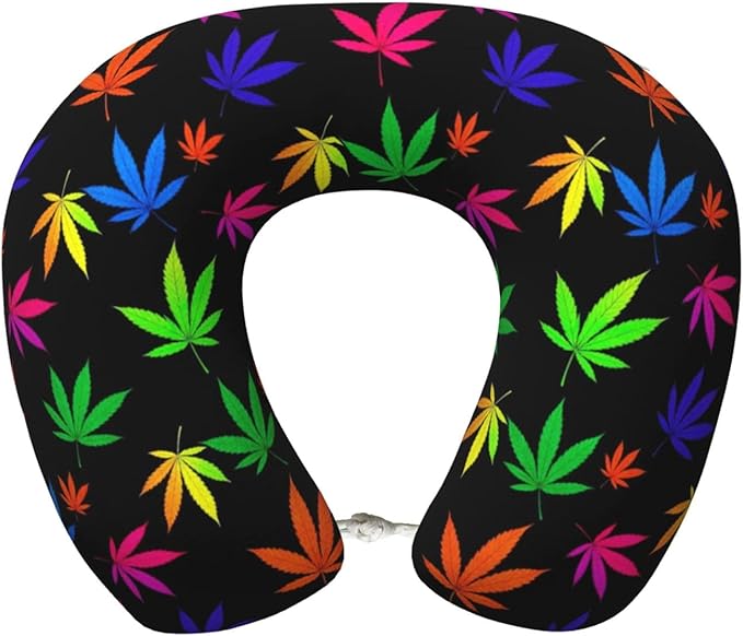 Neck Pillow Memory Foam Chin Cushion with Breathable Cover Trippy Neon Weedleaf Leaves, Cute Airplane Car Pillows for Office Head Pain Relief