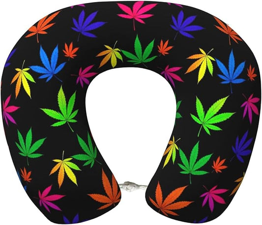 Neck Pillow Memory Foam Chin Cushion with Breathable Cover Trippy Neon Weedleaf Leaves, Cute Airplane Car Pillows for Office Head Pain Relief