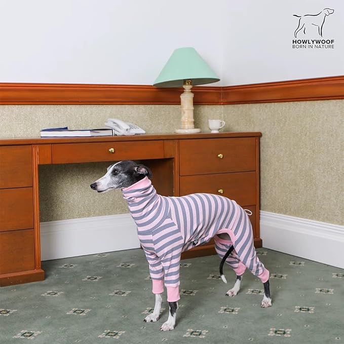 Dachshund Dog Shirt, Thin Striped Base Layer Onesie for Wiener Dogs, Lightweight All-Season Wear, Soft & Comfy Fit for Doxie and Short-Leg Breeds (Pink&Grey, Size 4 (21-26lbs))