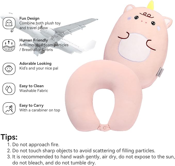 Kids Travel Pillow - 2-in-1 Deformable Kids Neck Pillow for Traveling, Soft U-Shaped Pillow with Adorable Animal Design, Comfy Sleep and Play, Ideal for Airplanes and Cars - Pink Unicorn