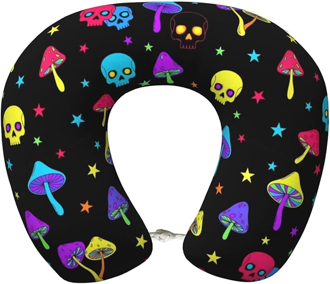 Neck Pillow Memory Foam Travel Pillows Comfortable for Airplane Flight Car Travel Office Nap and Sleeping, Funny Cushion for Head Shoulder Trippy Mushroom Skull