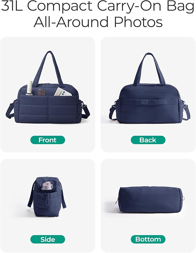 BAGSMART Gym Bag for Women, Lightweight Puffer Duffle Bag 2-PC Travel Bag, 31L Weekender Overnight Bag Quilted Carry On Tote Bag, Diaper Hospital Dance bag for Travel, Gym, Water Resistant, Navy Blue