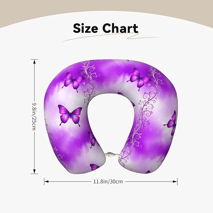 Comfortable Memory Foam Neck Pillow Purple Butterfly Art, Travel U Shaped Airplane/Car/Flight Pillows with Removable Zipper Cover, Chin Head Neck Support Cushion