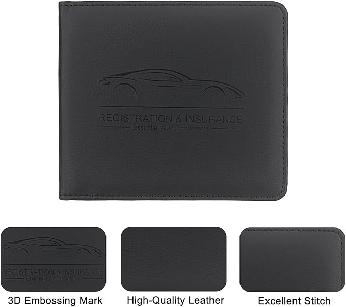 Car Registration and Insurance Holder, Leather Registration and Insurance Card Holder, Vehicle Glove Box Organizer - For Documents, Cards, License (Black)