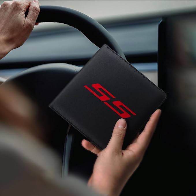 Leather Car Registration and Insurance Cards Holder Compatible with Chevy Camaro SS, Vehicle Glove Box Car Organizer with Magnetic Shut, Documents License for Camaro SS Owners