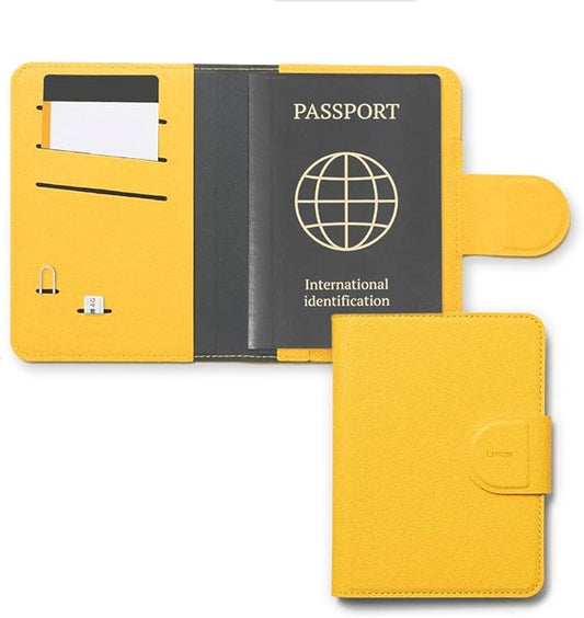 LHiDS Leatherette Passport Holder with RFID Protection, Premium PU Leather, Snap Button Closure, Travel Passport Wallet Cover for Passport, Boarding Passes, Business Cards, Cash (Yellow)