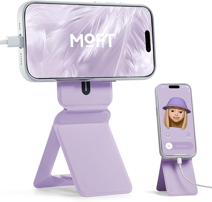 MOFT Phone Stand, Magnetic Phone Tripod Stand Stain-Resistant MOVAS Leather & Angle Adjustment & Strong Magnets Tripod for iPhone 17/16/15/14/13/12 (Included Metal Ring)-Peony