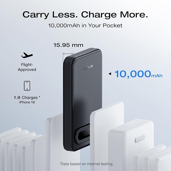 EF ECOFLOW Rapid Mag Power Bank 10,000mAh, Qi2 Certified 15W Wireless Charging, 0.6'' Ultra-Slim Magnetic Portable Charger, Fast Charging Magsafe-Compatible Battery for iPhone 17/16/15, Galaxy, Black