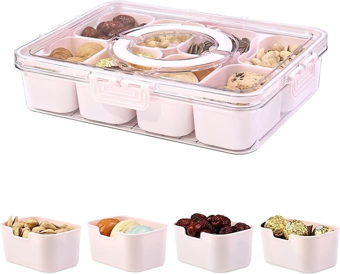 Yuroochii Snackle Box Container, Portable Snackle Box 8 Compartment Divided Serving Tray with Lid & Handle, Clear Snack Platter for Travel Candy Party Fruit Salad (Pink)