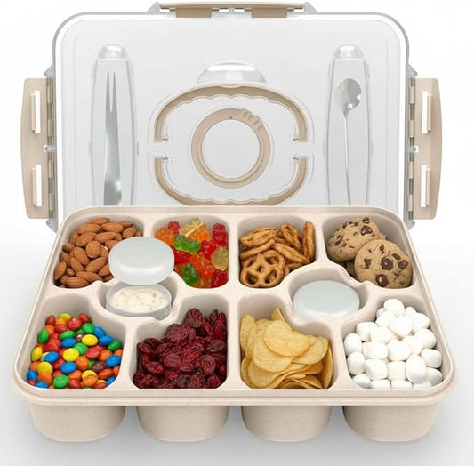 Dishwasher Safe Snackle Box Container, Snack Divided Serving Tray with Lid, Portable Snack Organizer with Date Marker, 2 Dressing Containers, Fork and Spoon, White