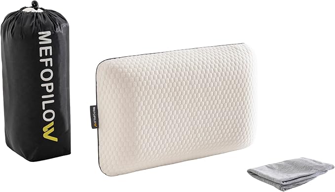 Memory Foam Travel Pillow with Washable Cover & Carry Bag – Compact, Soft & Breathable Neck Pillow for Airplane, Camping & Car (White- with Extra Gray Cotton Cover, 15.7x9.8x3.9 inches)