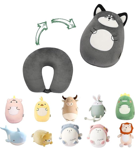 Kids Travel Pillow - 2-in-1 Deformable Kids Neck Pillow for Traveling, Soft U-Shaped Pillow with Adorable Animal Design, Comfy Sleep and Play, Ideal for Airplanes and Cars - Gray Husky