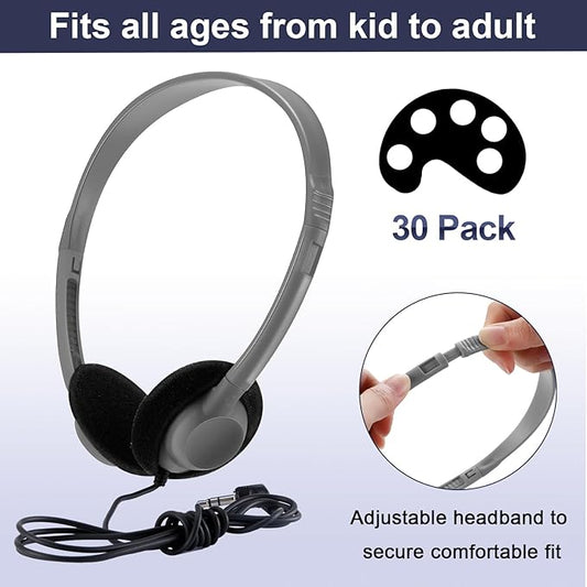 Yunsailing 30 Pack Bulk Headphones Set Over Ear Headphones with Adjustable Headband 3.5mm Plug Headsets Earphones for Learning Program, Computer Lab, Library, Testing & Multimedia Use (Grey)