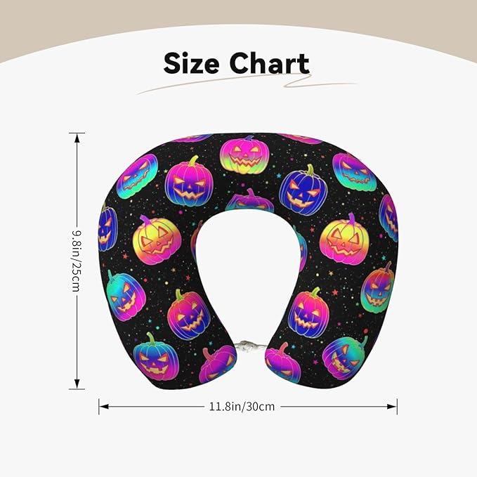 Neck Travel Pillow, Breathable Memory Foam Chin & Head Support Cushion Halloween Trippy Neon Pumpkin Skull for Airplane Car Sleeping Rest