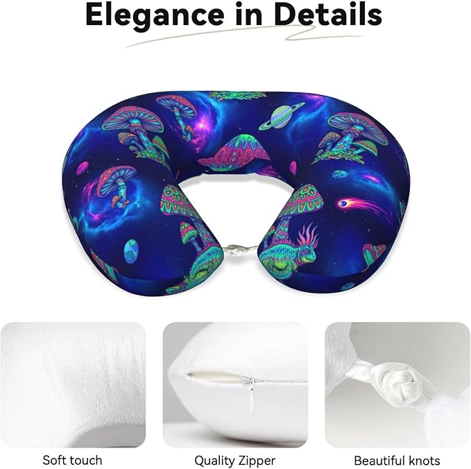 Neck Pillow Memory Foam Chin Cushion with Breathable Cover Trippy Mushrooms, Cute Airplane Car Pillows for Office Head Pain Relief