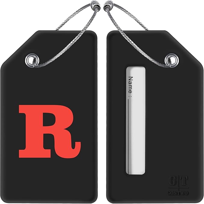 Gostwo 2 Pack Silicone Luggage Tags for Suitcases, 26 Initial Letter Baggage Labels Handbag School Bag Suitcase Instrument Tag with Stainless Steel Loop(Black)(Letter R)