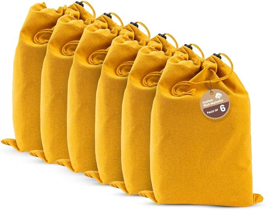 LFH Cotton Rich Shoe Storage Bags with Drawstring, Dustproof Breathable Reusable Organizer, Perfect For Travel, Dorm, Hotel, College, Gym, Easy to Carry, Machine Washable 12"x17" (Pack of 6) - Golden